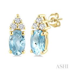1/20 Ctw Oval Cut 5X3 MM Aquamarine and Round Cut Diamond semi-precious Earrings in 10K Yellow Gold