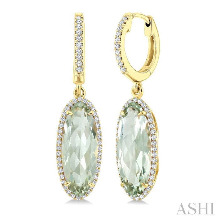 16X6 MM Evoque Gemstones Oval Shape Green Amethyst and 3/8 Ctw Round Cut Diamond Semi-Precious Earrings in 14K Yellow Gold