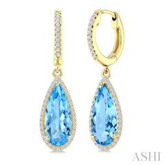 14X6 MM Evoque Gemstones Pear Shape Blue Topaz and 1/3 Ctw Round Cut Diamond Semi-Precious Earrings in 14K Yellow Gold