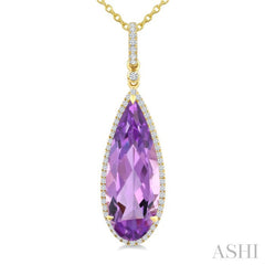22X8 MM Evoque Gemstones Pear Shape Amethyst and 1/4 Ctw Round Cut Diamond Semi-Precious Pendant With Chain in 14K Yellow Gold
