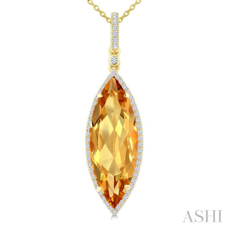22X8 MM Evoque Gemstone Marquise Shape Citrine and 1/4 Ctw Round Cut Diamond Semi-Precious Pendant With Chain in 14K Yellow Gold