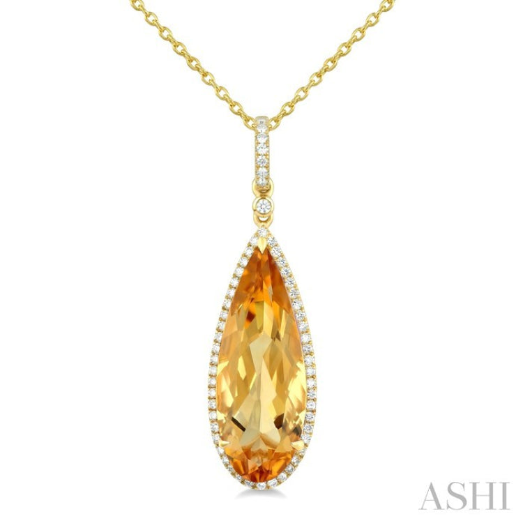22X8 MM Evoque Gemstone Pear Shape Citrine and 1/4 Ctw Round Cut Diamond Semi-Precious Pendant With Chain in 14K Yellow Gold