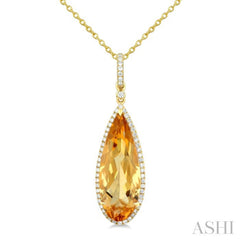 22X8 MM Evoque Gemstone Pear Shape Citrine and 1/4 Ctw Round Cut Diamond Semi-Precious Pendant With Chain in 14K Yellow Gold