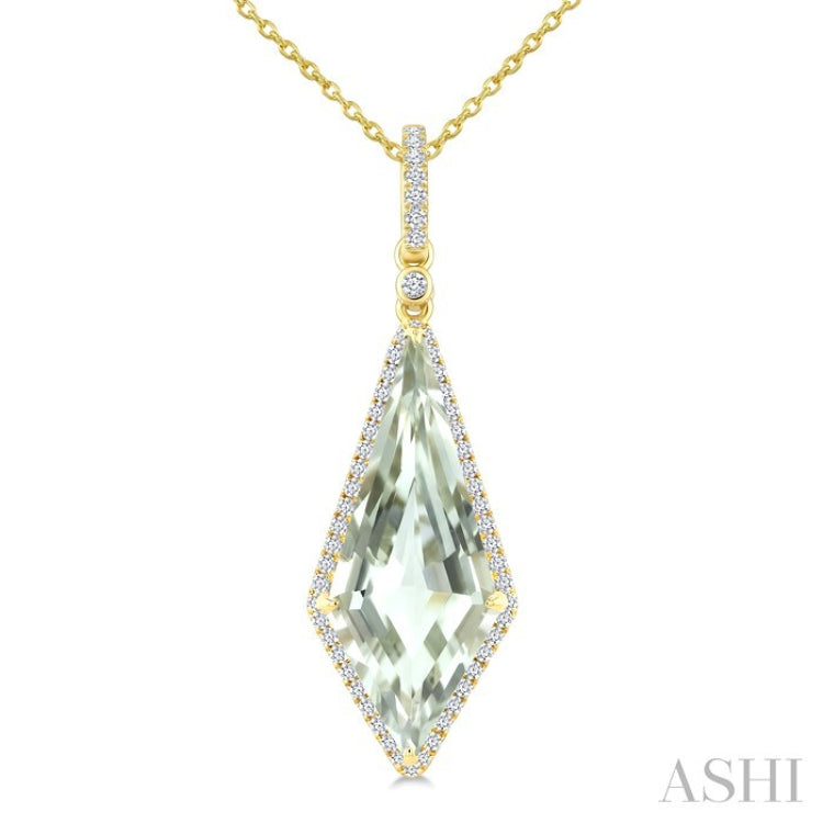 22X9 MM Evoque Gemstone Kite Shape Green Amethyst and 1/4 Ctw Round Cut Diamond Semi-Precious Pendant With Chain in 14K Yellow Gold