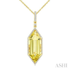 22X8 MM Evoque Gemstones Hexagon Shape Lemon Quartz and 1/4 Ctw Round Cut Diamond Semi-Precious Pendant With Chain in 14K Yellow Gold