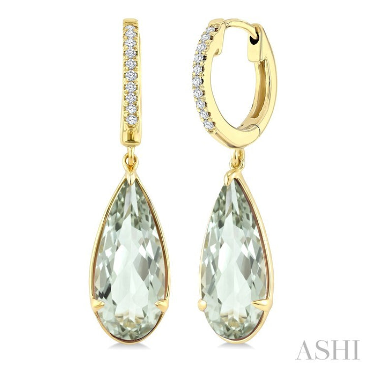 14X6 MM Evoque Gemstones Pear Shape Green Amethyst and 1/10 Ctw Round Cut Diamond Semi-Precious Earrings in 14K Yellow Gold