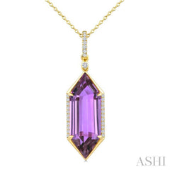 22X8 MM Evoque Gemstones Hexagon Shape Amethyst and 1/6 Ctw Round Cut Diamond Semi-Precious Pendant With Chain in 14K Yellow Gold