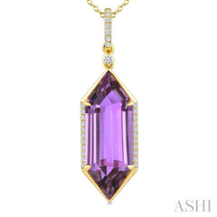 22X8 MM Evoque Gemstones Hexagon Shape Amethyst and 1/6 Ctw Round Cut Diamond Semi-Precious Pendant With Chain in 14K Yellow Gold