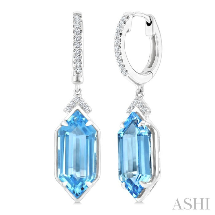 14X6 MM Evoque Gemstones Hexagon Shape Blue Topaz and 1/6 Ctw Round Cut Diamond Semi-Precious Earrings in 14K White Gold