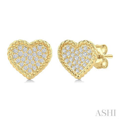 1/5 Ctw Round Cut Diamond Rope Border Heart Motif Fashion Stud Earrings in 10K Yellow Gold
