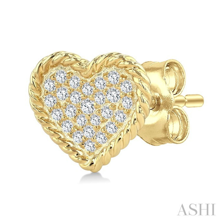 1/5 Ctw Round Cut Diamond Rope Border Heart Motif Fashion Stud Earrings in 10K Yellow Gold