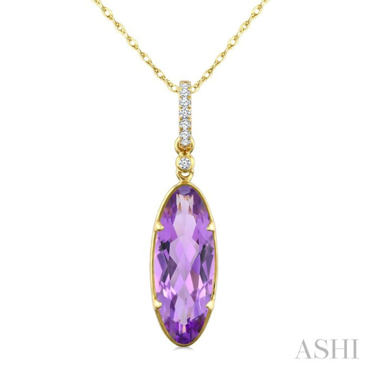 16X6 MM Evoque Gemstones Oval Shape Amethyst and 1/20 Ctw Round Cut Diamond Semi-Precious Pendant With Chain in 10K Yellow Gold