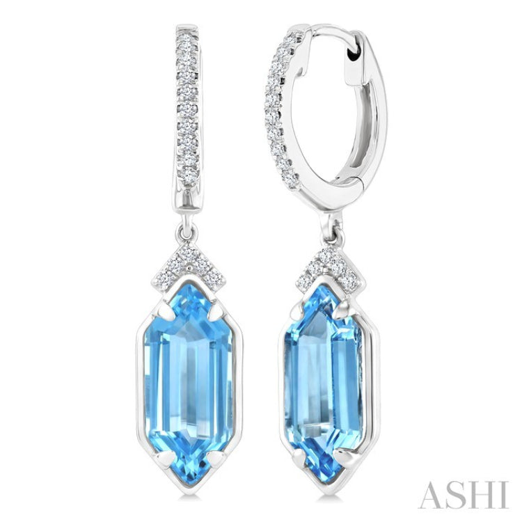 12X5 MM Evoque Gemstones Hexagon Shape Blue Topaz and 1/6 Ctw Round Cut Diamond Semi-Precious Earrings in 10K White Gold