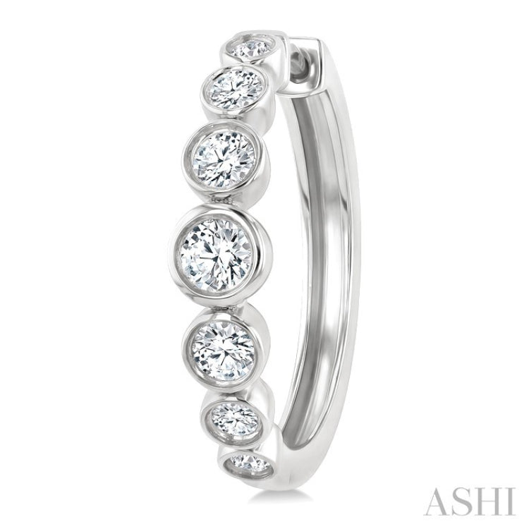 1 1/10 Ctw Graduated Bezel Set Round Cut Diamond Fashion Hoop Earrings in 14K White Gold