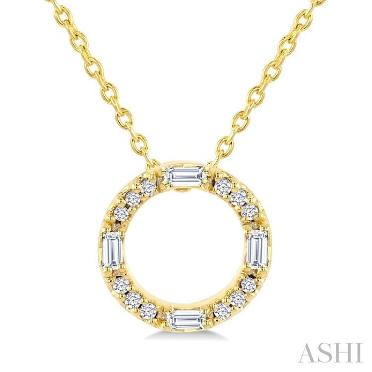 1/10 Ctw Baguette and Round Cut Diamond  Circle Shape Fashion Pendant With Chain in 10K Yellow Gold