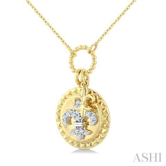1/6 Ctw Round Cut Diamond Fleur De Lis Charm Circular Medallion Fashion Pendant With Chain in 10K Yellow Gold