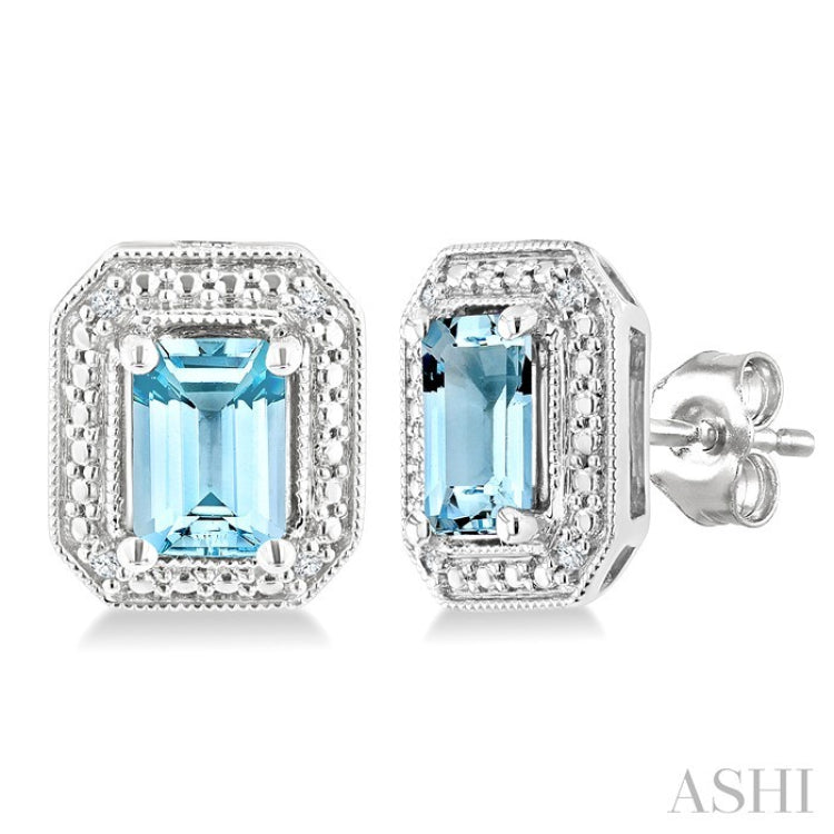 6X4 MM Octagon Shape Aquamarine and 1/50 Ctw Round Cut Diamond Semi-Precious Earrings in Sterling Silver
