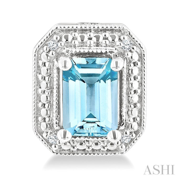 6X4 MM Octagon Shape Aquamarine and 1/50 Ctw Round Cut Diamond Semi-Precious Earrings in Sterling Silver