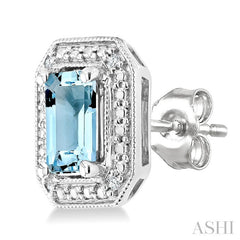 6X4 MM Octagon Shape Aquamarine and 1/50 Ctw Round Cut Diamond Semi-Precious Earrings in Sterling Silver