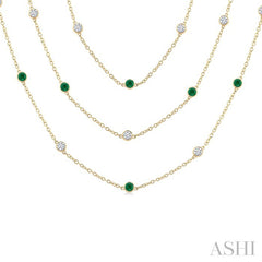 2.90 MM Round Shape Emerald and 2 3/4 Ctw Round Cut Diamond Precious Necklace in 14K Yellow Gold