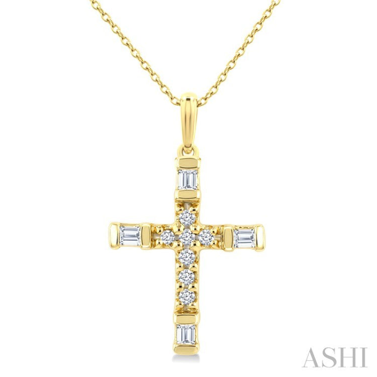 1/20 Ctw Baguette and Round Cut Diamond Cross Shape Fashion Pendant With Chain in 10K Yellow Gold