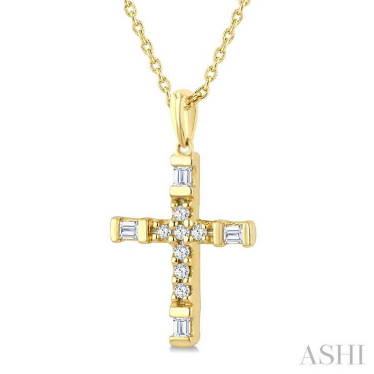 1/20 Ctw Baguette and Round Cut Diamond Cross Shape Fashion Pendant With Chain in 10K Yellow Gold