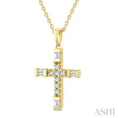 1/20 Ctw Baguette and Round Cut Diamond Cross Shape Fashion Pendant With Chain in 10K Yellow Gold
