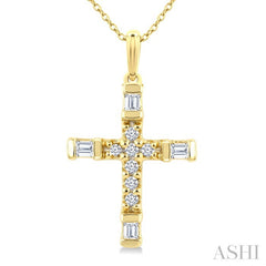 1/20 Ctw Baguette and Round Cut Diamond Cross Shape Fashion Pendant With Chain in 10K Yellow Gold