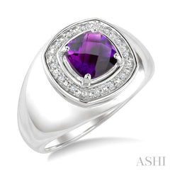 8 MM Cushion Shape Amethyst and 1/20 Ctw Round Cut Diamond Semi-Precious Ring in Sterling Silver