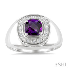 8 MM Cushion Shape Amethyst and 1/20 Ctw Round Cut Diamond Semi-Precious Ring in Sterling Silver