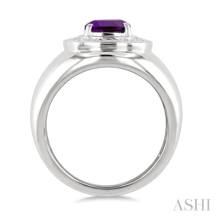 8 MM Cushion Shape Amethyst and 1/20 Ctw Round Cut Diamond Semi-Precious Ring in Sterling Silver