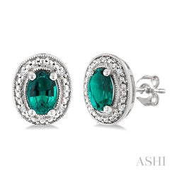 6X4 MM Oval Shape Lab-Created Emerald and 1/50 Ctw Round Cut Diamond Precious Earrings in Sterling Silver