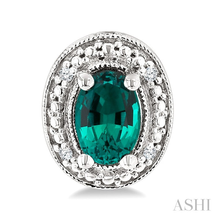 6X4 MM Oval Shape Lab-Created Emerald and 1/50 Ctw Round Cut Diamond Precious Earrings in Sterling Silver