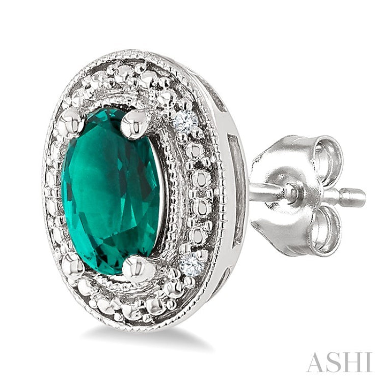 6X4 MM Oval Shape Lab-Created Emerald and 1/50 Ctw Round Cut Diamond Precious Earrings in Sterling Silver