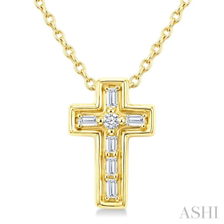 1/20 Ctw Baguette and Round Cut Diamond Cross Shape Fashion Pendant With Chain in 10K Yellow Gold