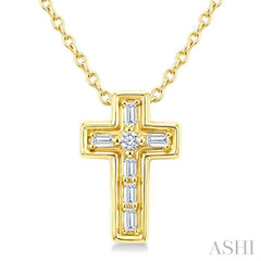 1/20 Ctw Baguette and Round Cut Diamond Cross Shape Fashion Pendant With Chain in 10K Yellow Gold
