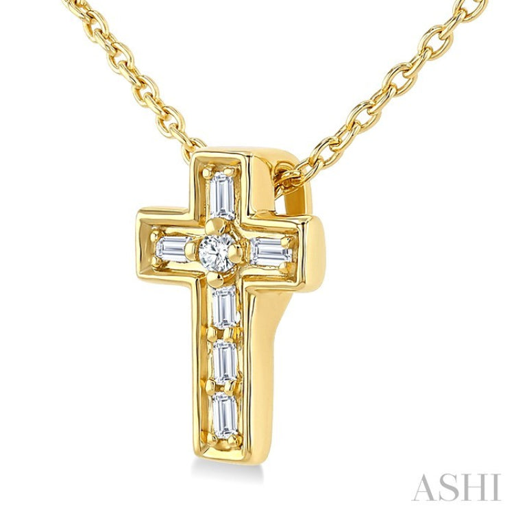 1/20 Ctw Baguette and Round Cut Diamond Cross Shape Fashion Pendant With Chain in 10K Yellow Gold