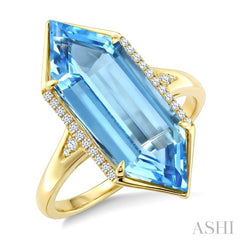 22X8 MM Evoque Gemstones Hexagon Shape Blue Topaz and 1/10 Ctw Round Cut Diamond Semi-Precious Ring in 14K Yellow Gold