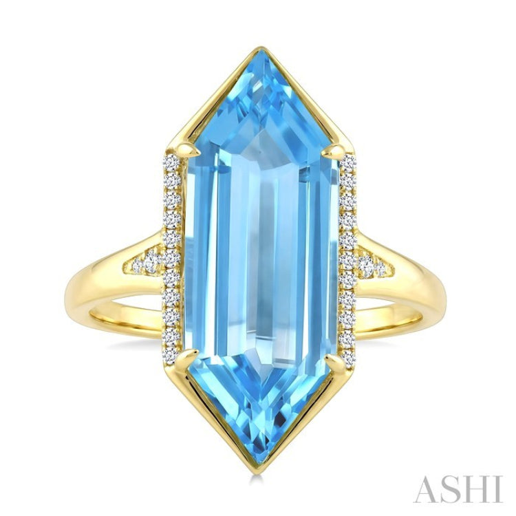 22X8 MM Evoque Gemstones Hexagon Shape Blue Topaz and 1/10 Ctw Round Cut Diamond Semi-Precious Ring in 14K Yellow Gold