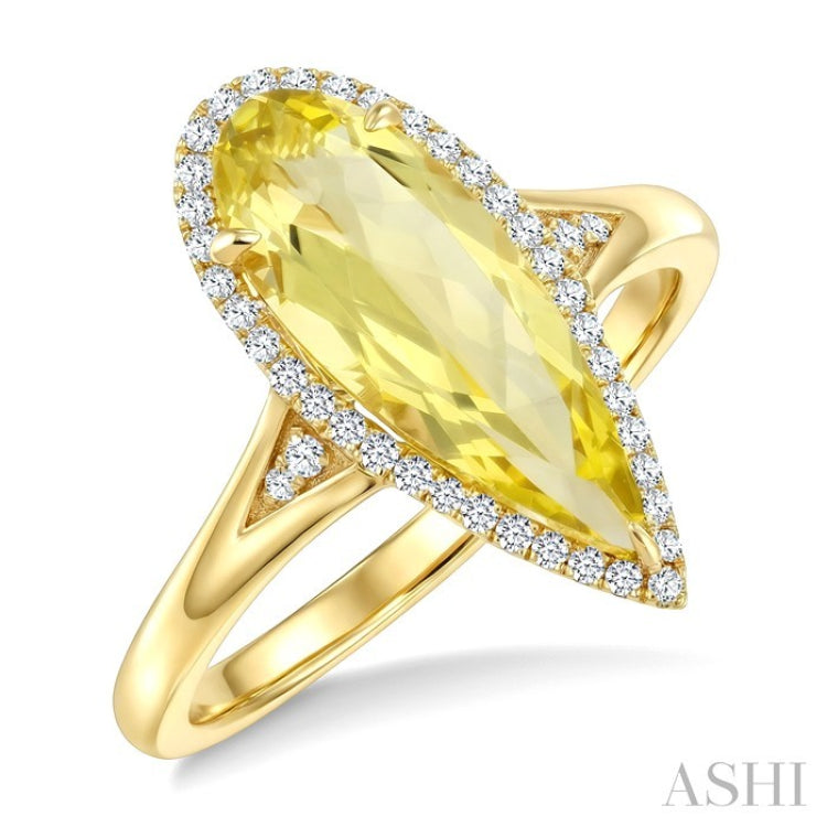 16X6 MM Evoque Gemstones Pear Shape Lemon Quartz and 1/6 Ctw Round Cut Diamond Semi-Precious Ring in 10K Yellow Gold