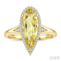 16X6 MM Evoque Gemstones Pear Shape Lemon Quartz and 1/6 Ctw Round Cut Diamond Semi-Precious Ring in 10K Yellow Gold