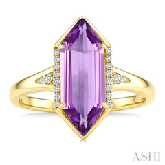 16X6 MM Evoque Gemstones Hexagon Shape Amethyst and 1/10 Ctw Round Cut Diamond Semi-Precious Ring in 10K Yellow Gold
