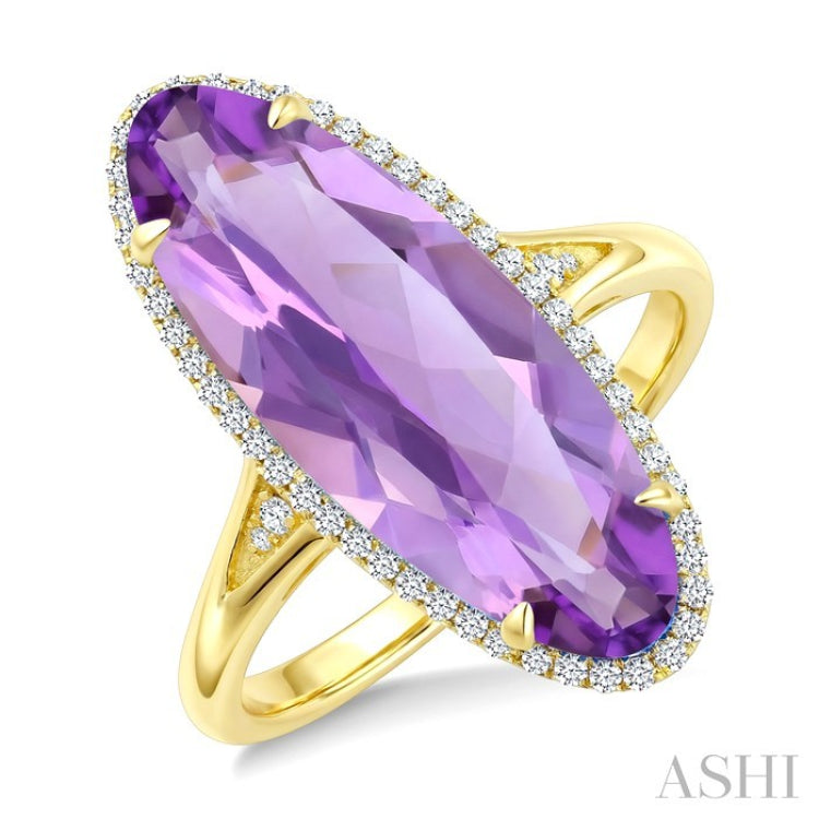 22X8 MM Evoque Gemstones Oval Shape Amethyst and 1/5 Ctw Round Cut Diamond Semi-Precious Ring in 14K Yellow Gold