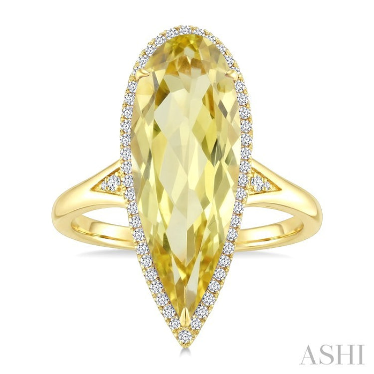 22X8 MM Evoque Gemstones Pear Shape Lemon Quartz and 1/5 Ctw Round Cut Diamond Semi-Precious Ring in 14K Yellow Gold