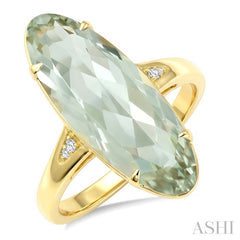22X8 MM Evoque Gemstone Oval Shape Green Amethyst and 1/50 Ctw Round Cut Diamond Semi-Precious Ring in 14K Yellow Gold