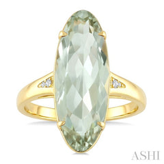 22X8 MM Evoque Gemstone Oval Shape Green Amethyst and 1/50 Ctw Round Cut Diamond Semi-Precious Ring in 14K Yellow Gold