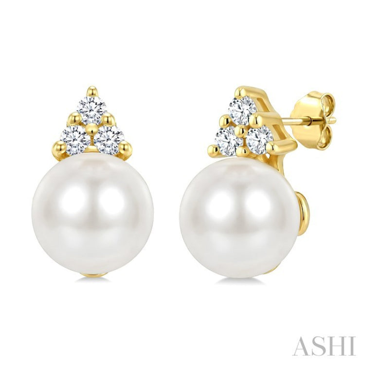 5 MM Cultured White Pearl and 1/20 Ctw Round Cut Diamond Fashion Earrings in 10K Yellow Gold