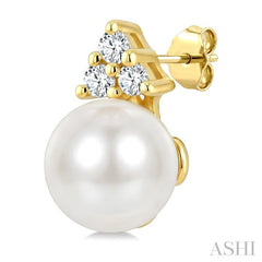 5 MM Cultured White Pearl and 1/20 Ctw Round Cut Diamond Fashion Earrings in 10K Yellow Gold