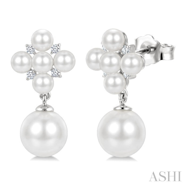 3MM & 7MM White Cultured Pearl and 1/10 Ctw Round Cut Diamond Fashion Earrings in 10K White Gold