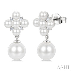 3MM & 7MM White Cultured Pearl and 1/10 Ctw Round Cut Diamond Fashion Earrings in 10K White Gold